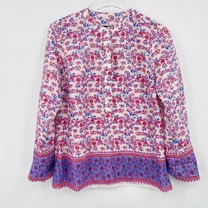 J. Crew Size XS Summery Metallic Thread Iris Block Print Tunic Top Pink & Blue